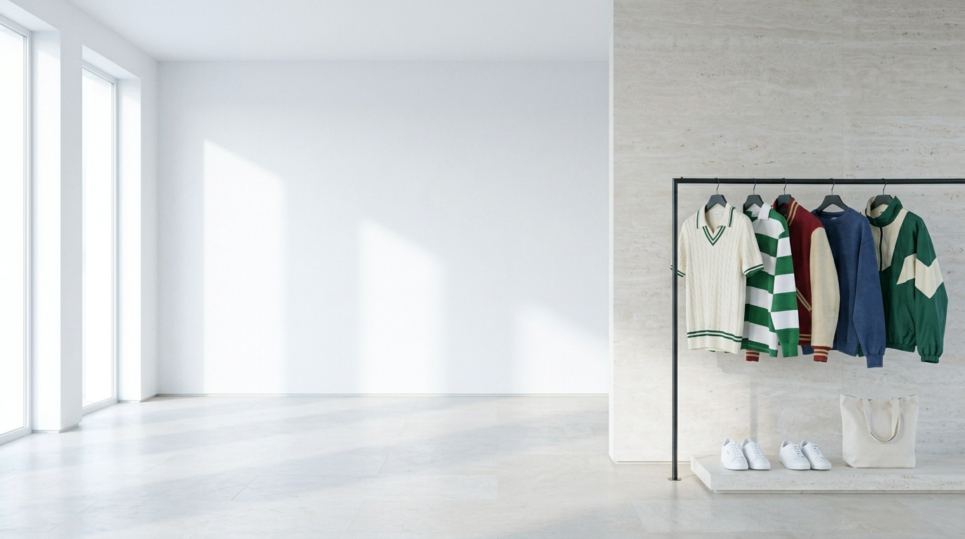 Rail with a varsity jacket, a color-block windbreaker, a washed sweatshirt and a striped rugby polo, plus white sneakers, in a minimal warm-stone room